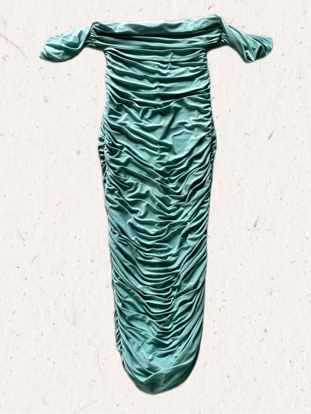 Club L Off-Shoulder Sage Ruched Bodycon Dress - Picture 3 of 4